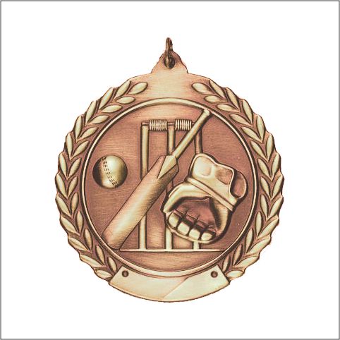 2 3/4 inch cricket wreath medal in antique bronze with bat, ball, wickets and glove