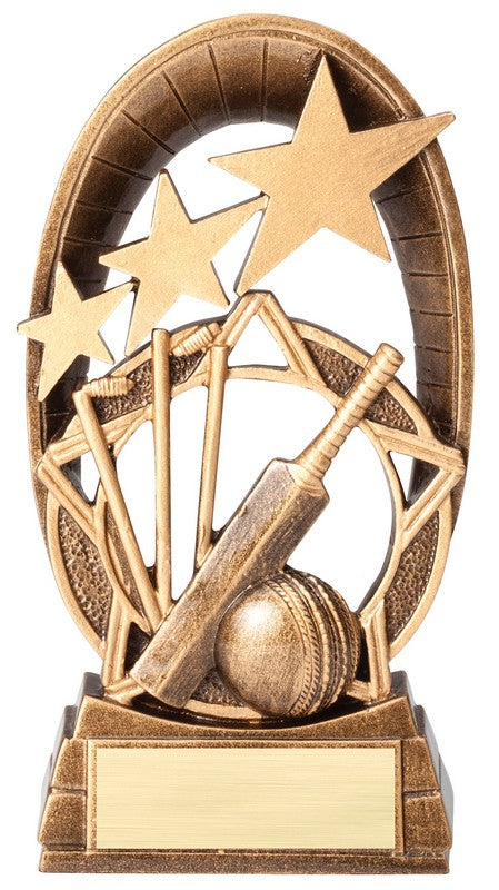 Radiant Star cricket resin trophy with bat, ball, wickets and stars in antique gold, 5 1/2 inches