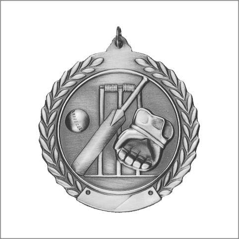 2 3/4 inch cricket wreath medal in antique silver with bat, ball, wickets and glove