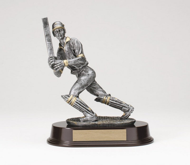 Pewter finish cricket batsman resin trophy on black base with engraving plate, 8 inches