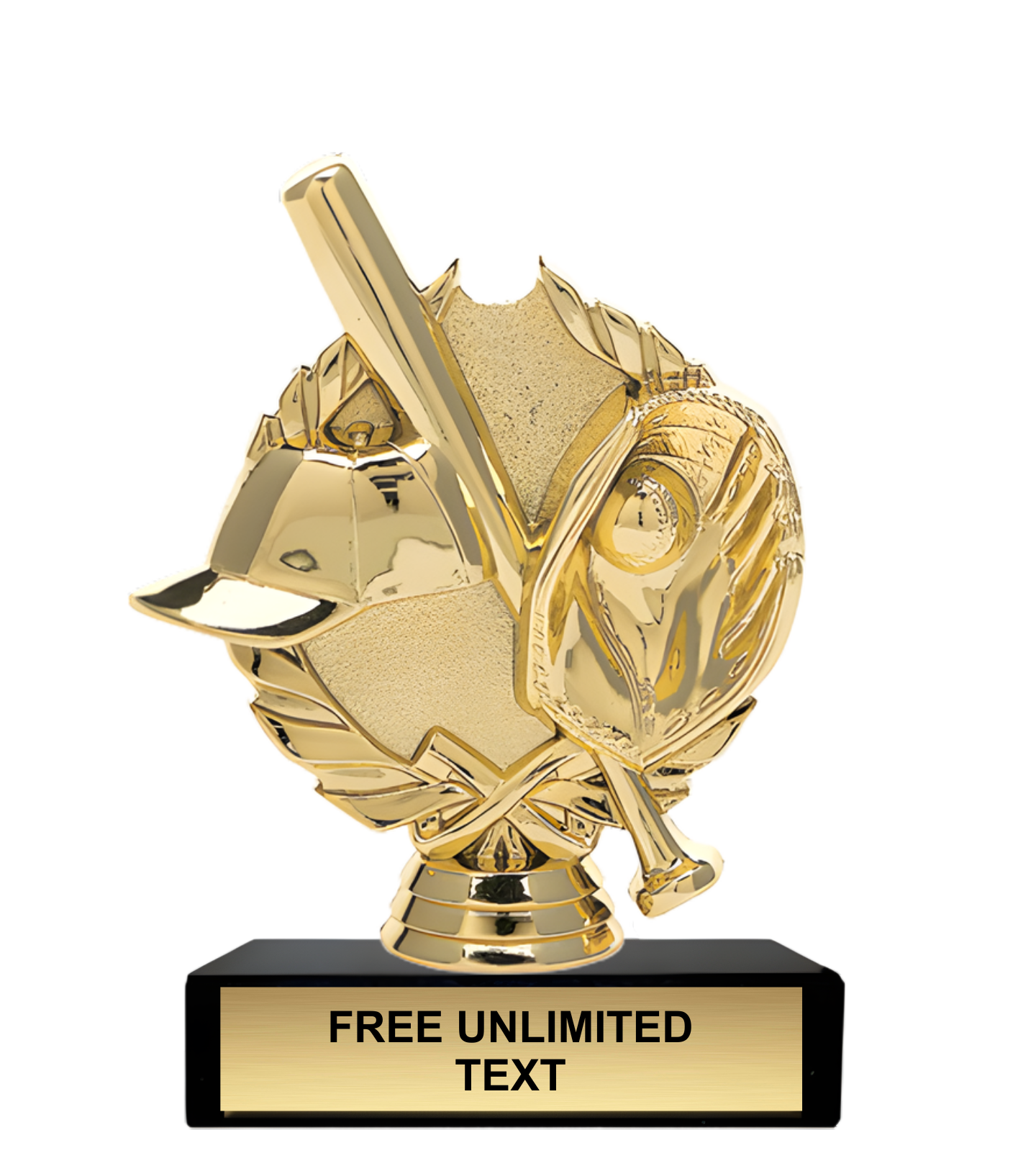 Gold baseball trophy with a black base on a white background