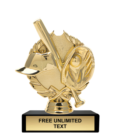 Gold baseball trophy with a black base on a white background