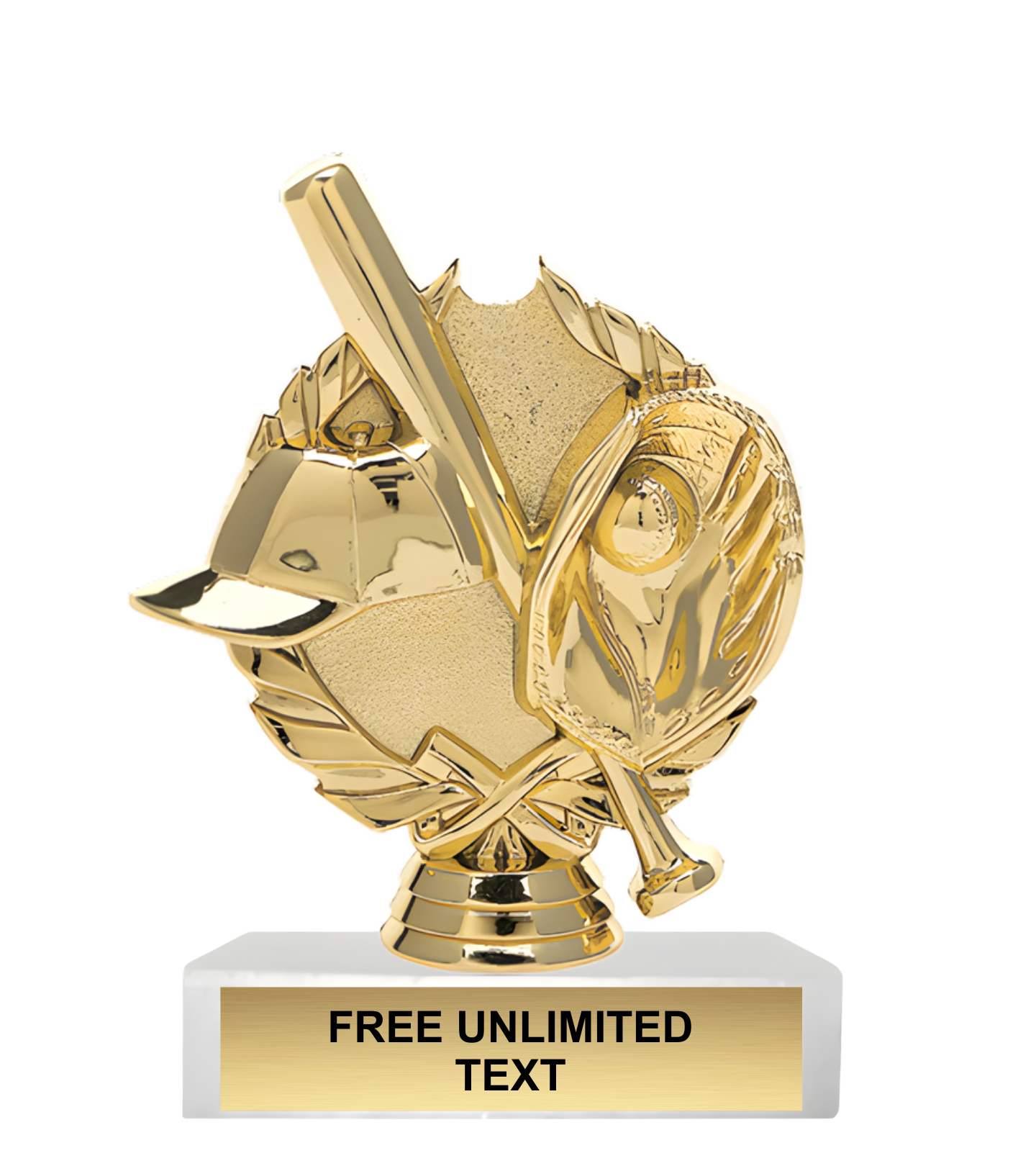 Gold trophy with a baseball theme on a white background