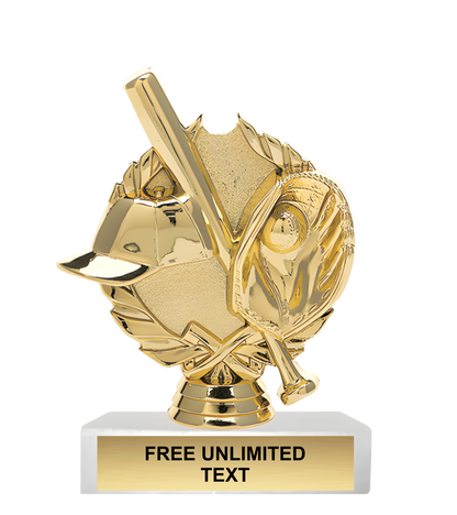 Gold trophy with a baseball theme on a white background