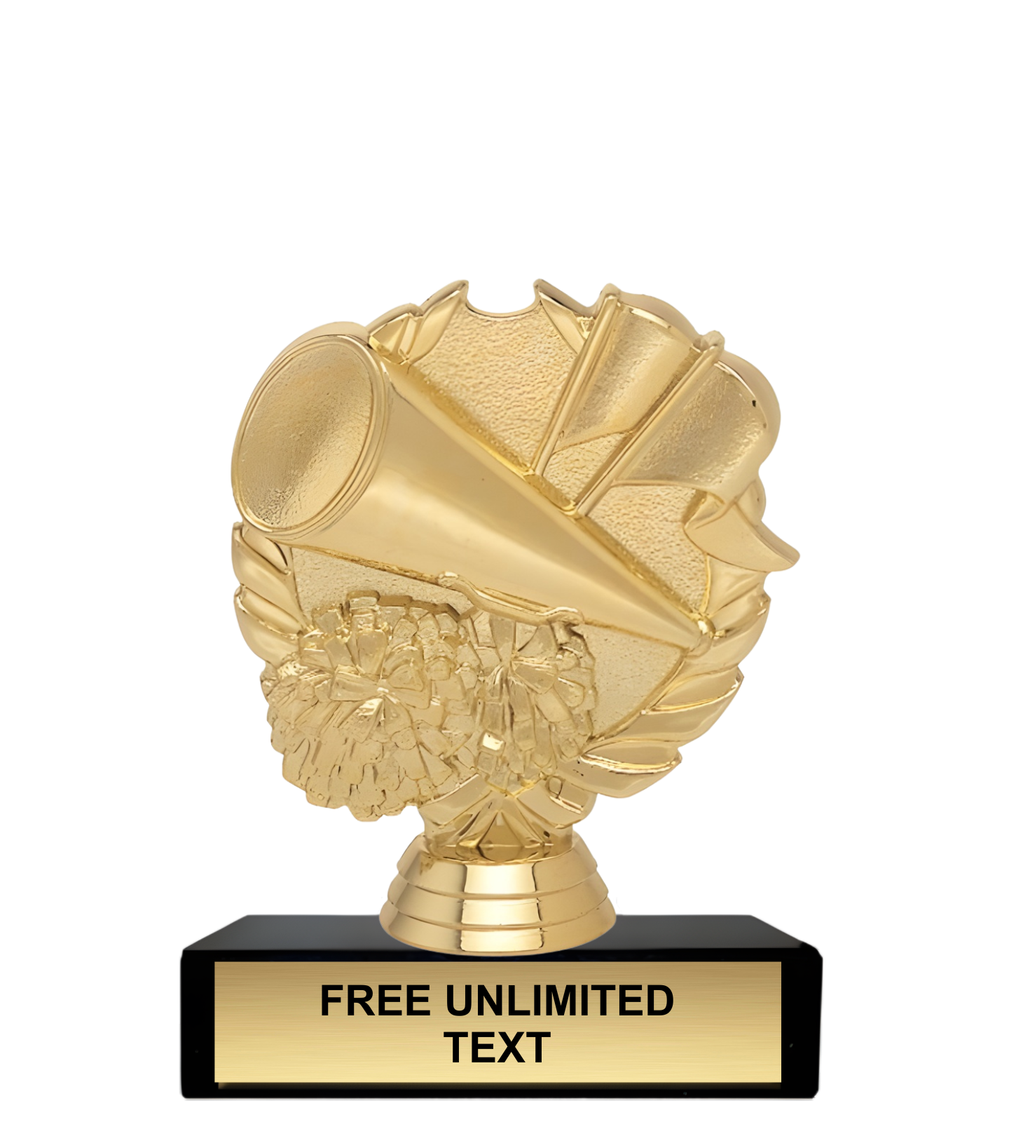 Gold trophy with a cheer megaphone design on a black base, featuring 'FREE UNLIMITED TEXT' text.