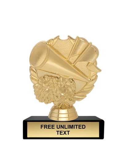Gold trophy with a cheer megaphone design on a black base, featuring 'FREE UNLIMITED TEXT' text.