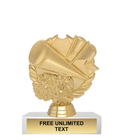 Gold trophy with a cheer megaphone design on a white background