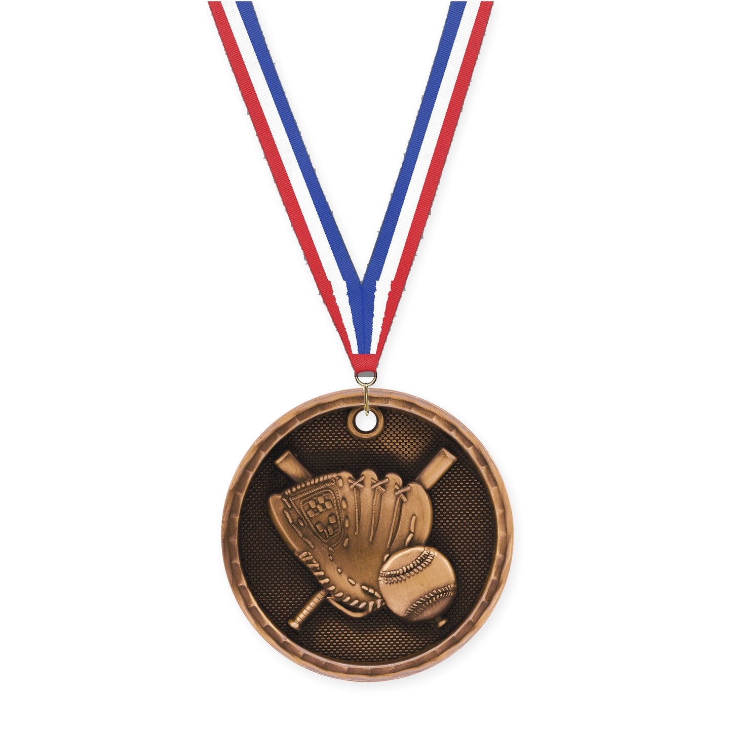 2 inch baseball 3-D medal in antique bronze with Red White Blue neck ribbon