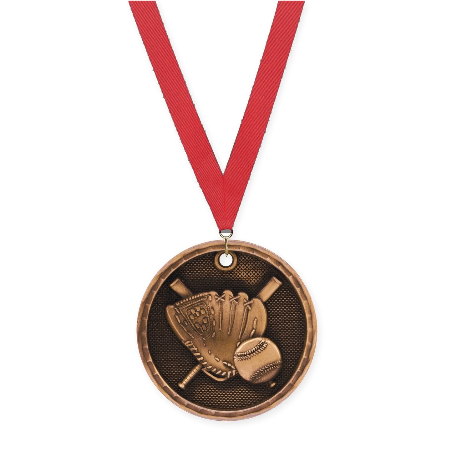 2 inch baseball 3-D medal in antique bronze with Red neck ribbon