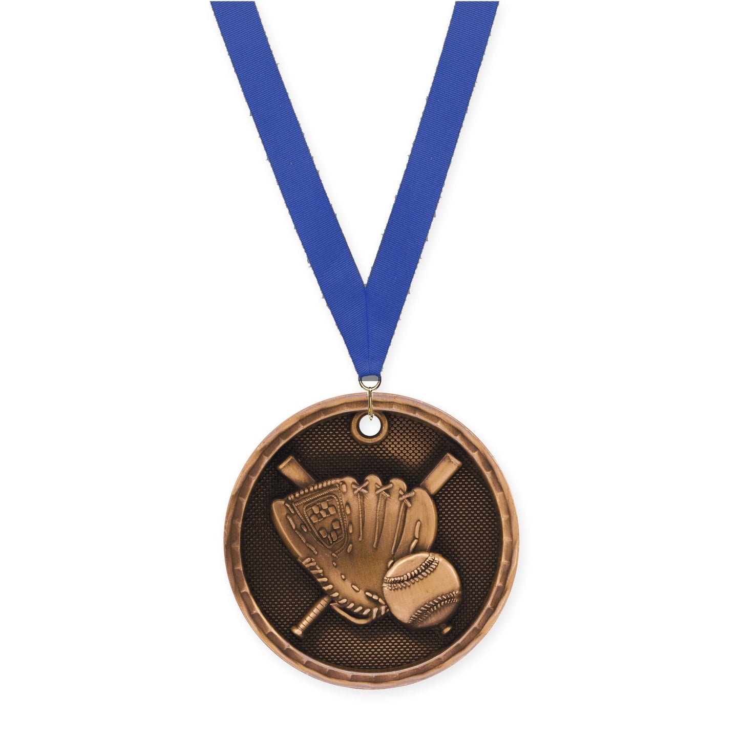 2 inch baseball 3-D medal in antique bronze with Blue neck ribbon