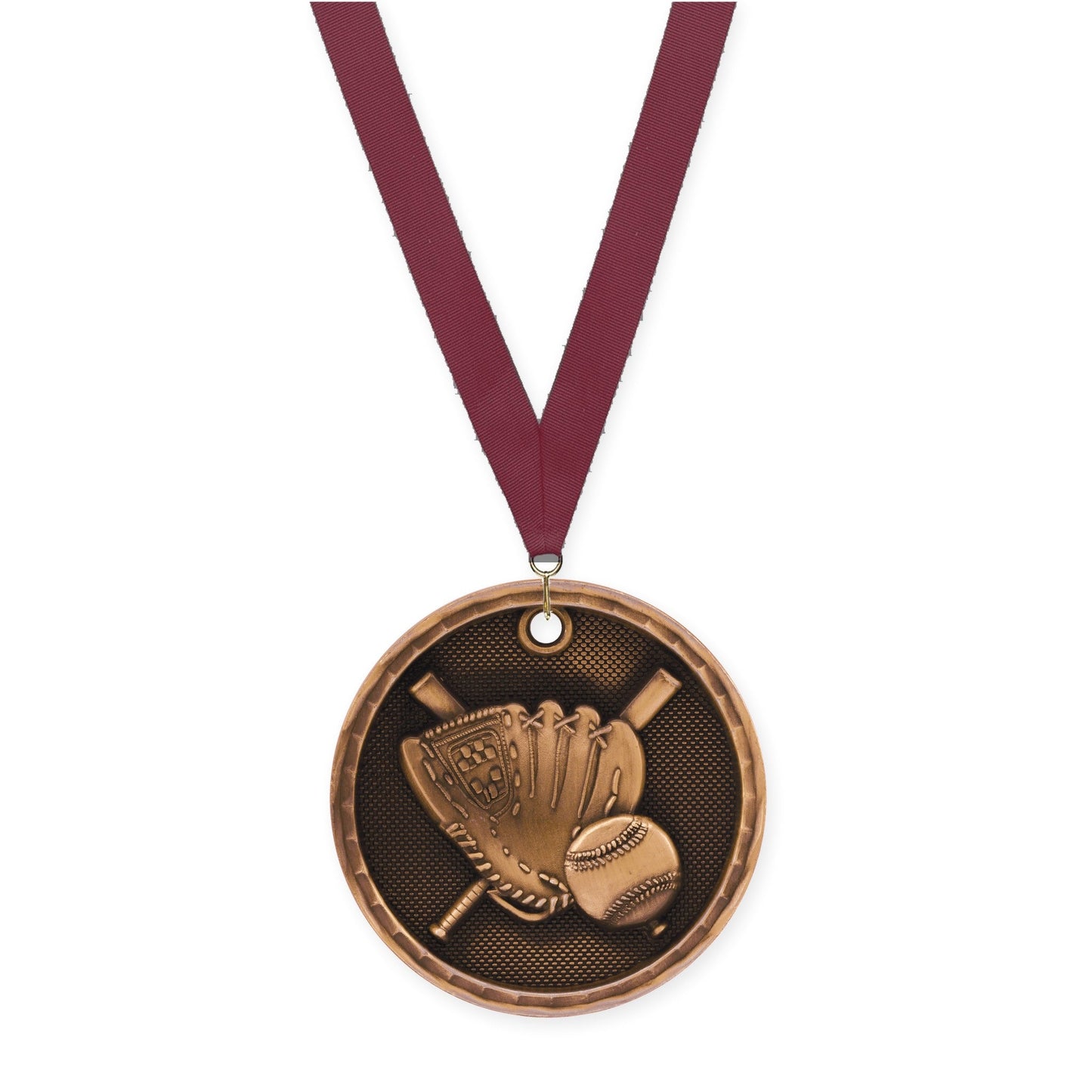 2 inch baseball 3-D medal in antique bronze with Maroon neck ribbon