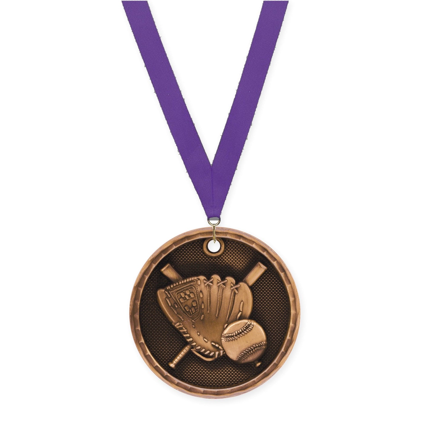 2 inch baseball 3-D medal in antique bronze with Purple neck ribbon