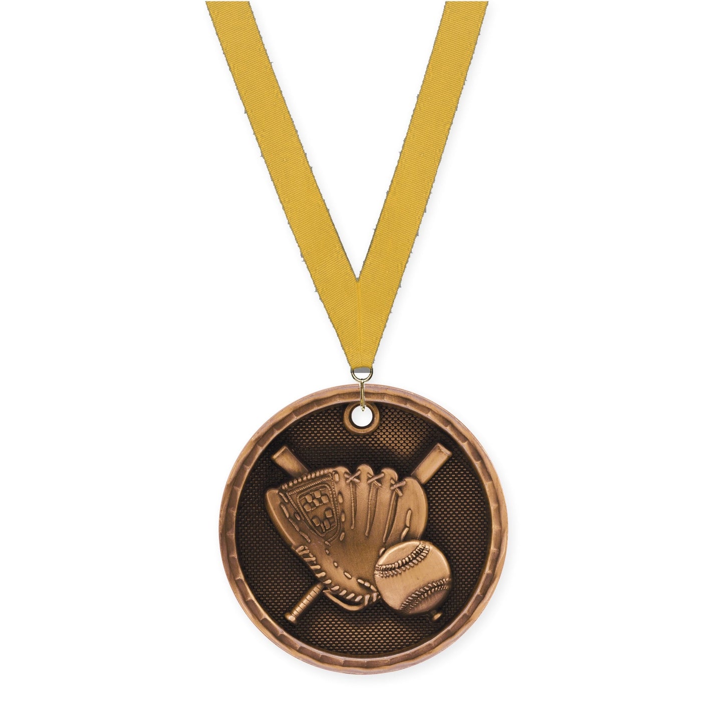 2 inch baseball 3-D medal in antique bronze with Gold neck ribbon