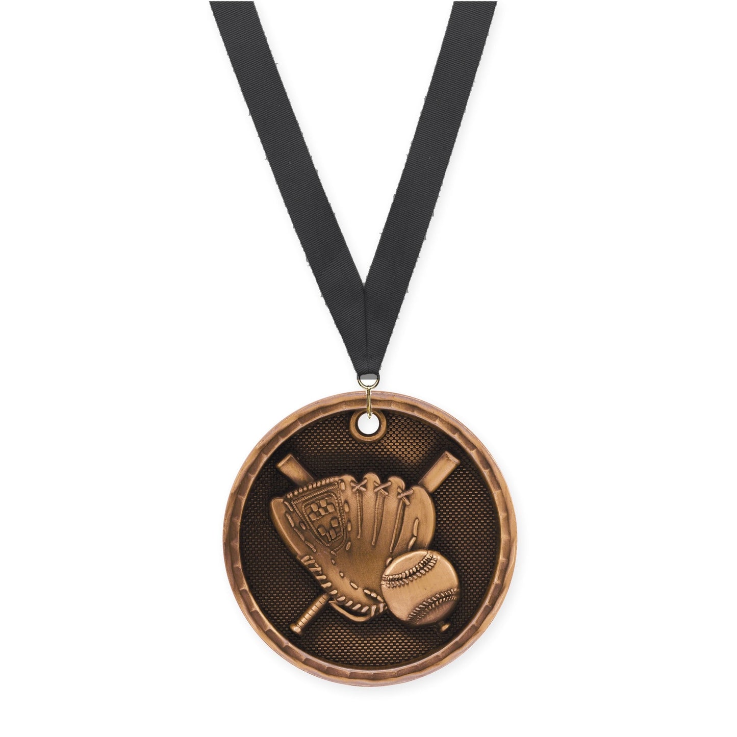 2 inch baseball 3-D medal in antique bronze with Black neck ribbon