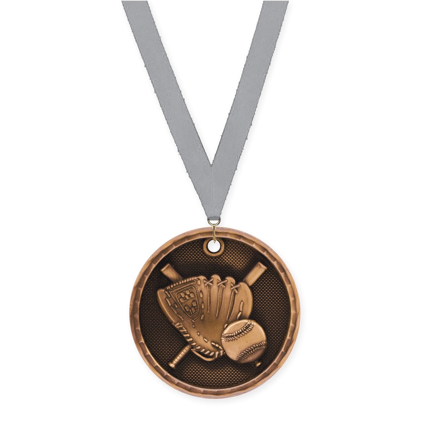 2 inch baseball 3-D medal in antique bronze with Gray neck ribbon