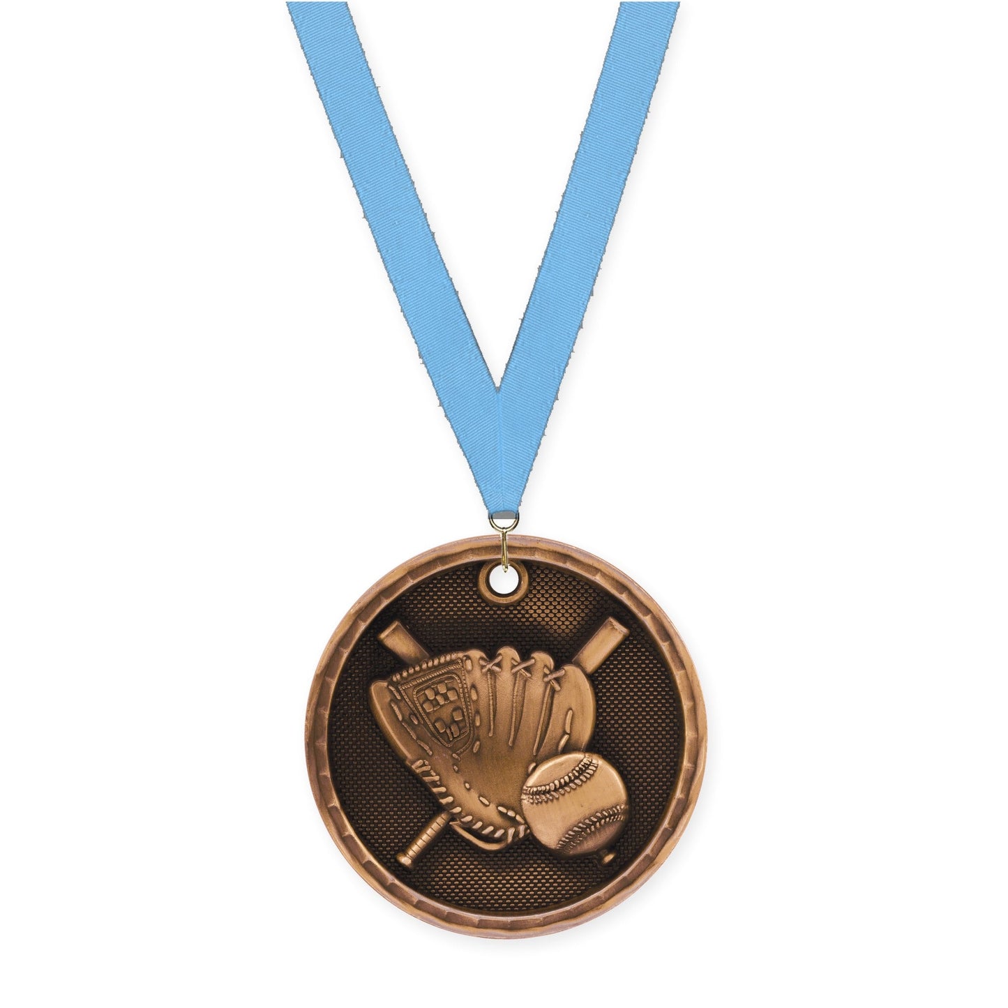 2 inch baseball 3-D medal in antique bronze with Light Blue neck ribbon