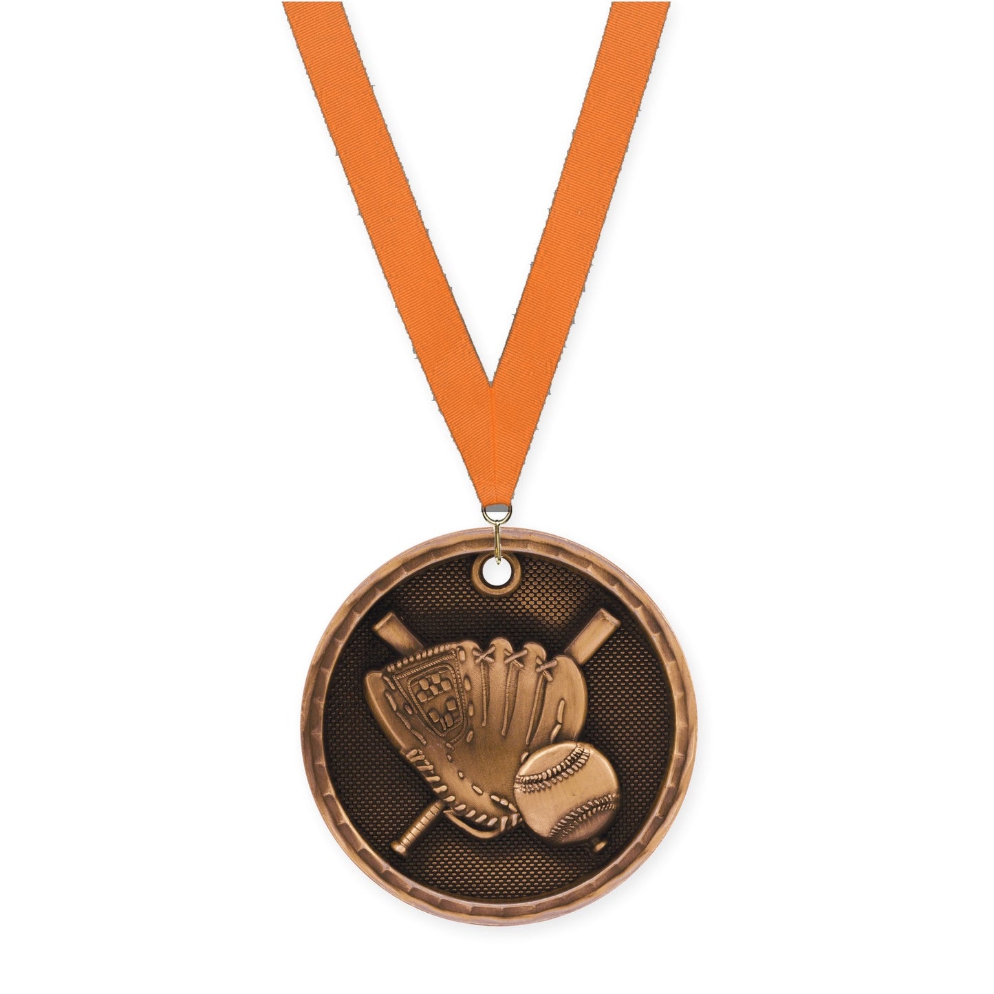 2 inch baseball 3-D medal in antique bronze with Orange neck ribbon