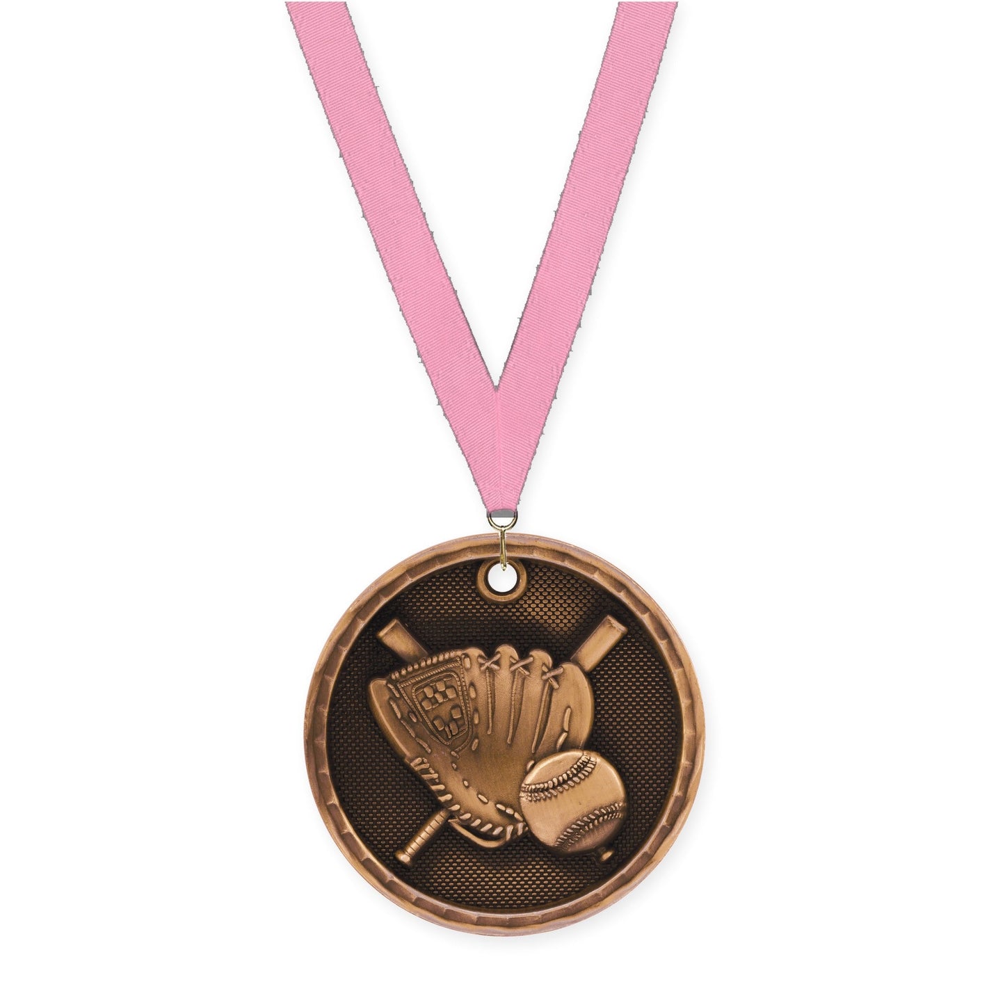 2 inch baseball 3-D medal in antique bronze with Pink neck ribbon