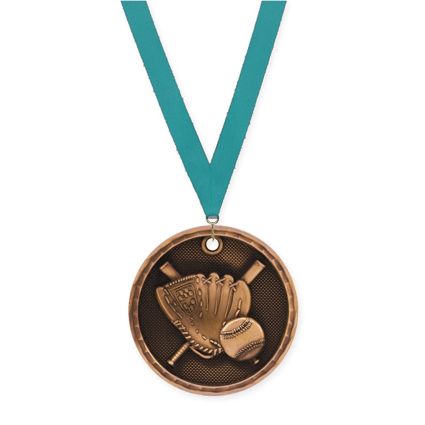 2 inch baseball 3-D medal in antique bronze with Teal neck ribbon
