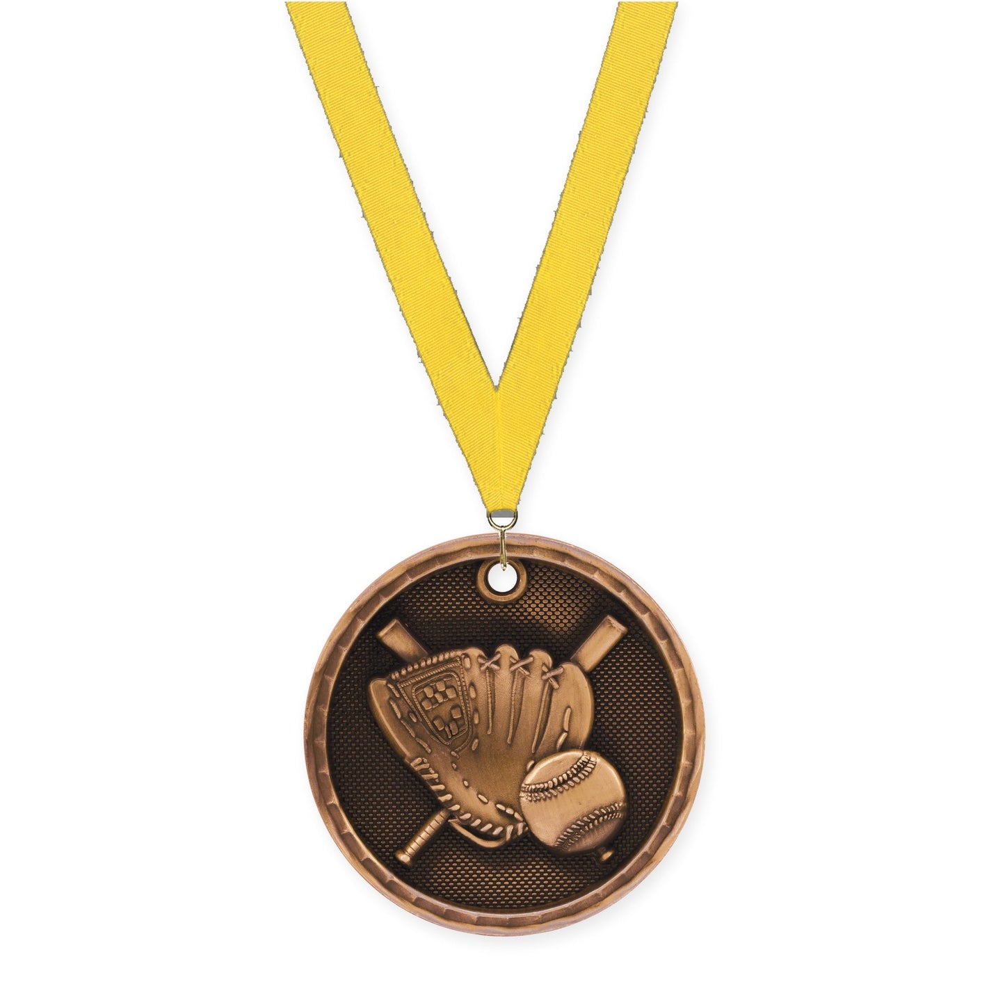 2 inch baseball 3-D medal in antique bronze with Yellow neck ribbon