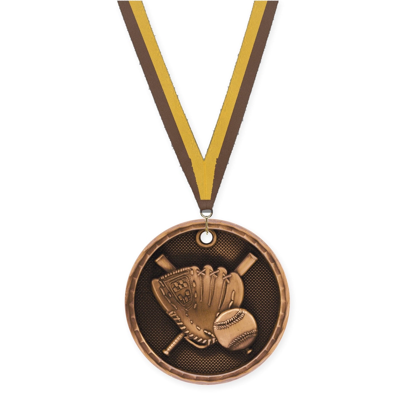 2 inch baseball 3-D medal in antique bronze with Brown Gold neck ribbon