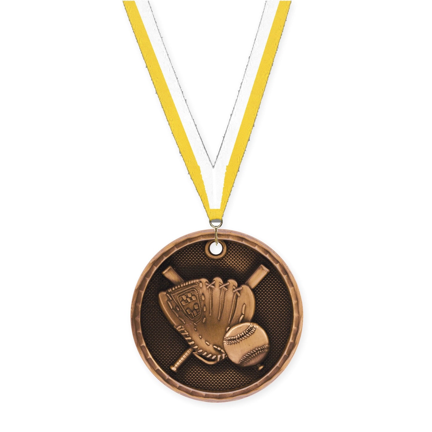 2 inch baseball 3-D medal in antique bronze with Yellow White neck ribbon
