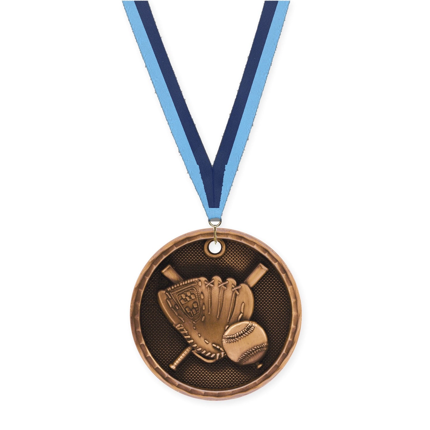 2 inch baseball 3-D medal in antique bronze with Light Blue Navy neck ribbon