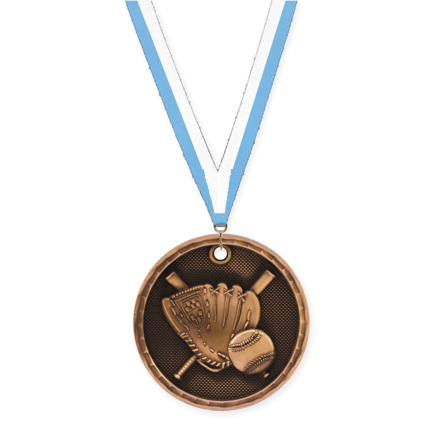 2 inch baseball 3-D medal in antique bronze with Light Blue White neck ribbon