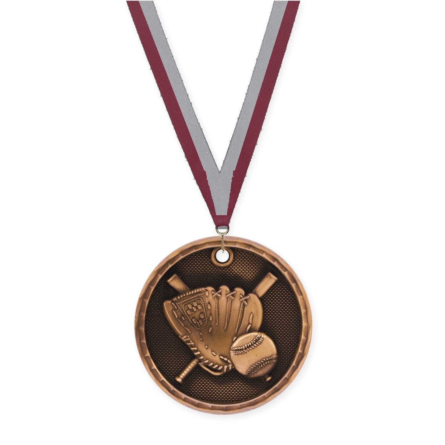 2 inch baseball 3-D medal in antique bronze with Maroon Gray neck ribbon