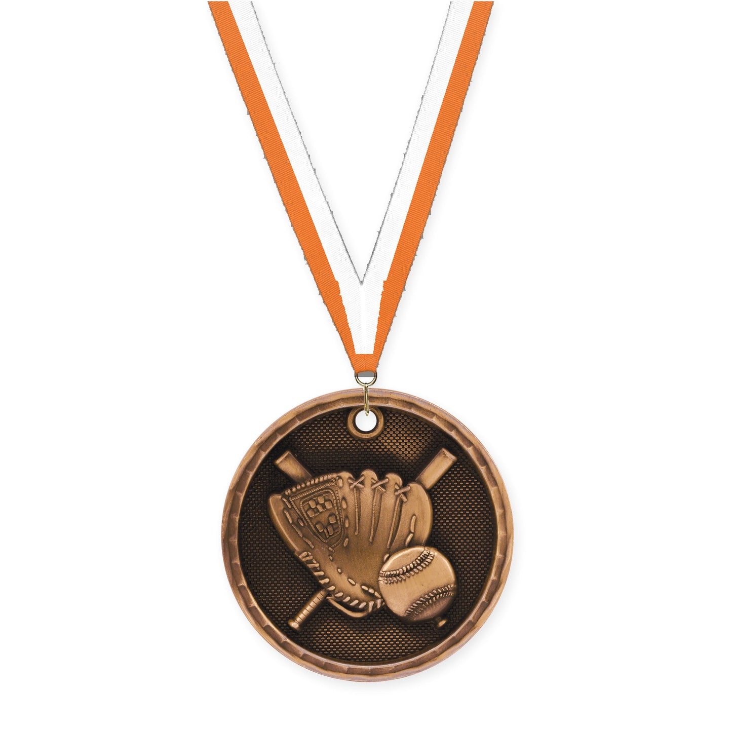 2 inch baseball 3-D medal in antique bronze with Orange White neck ribbon