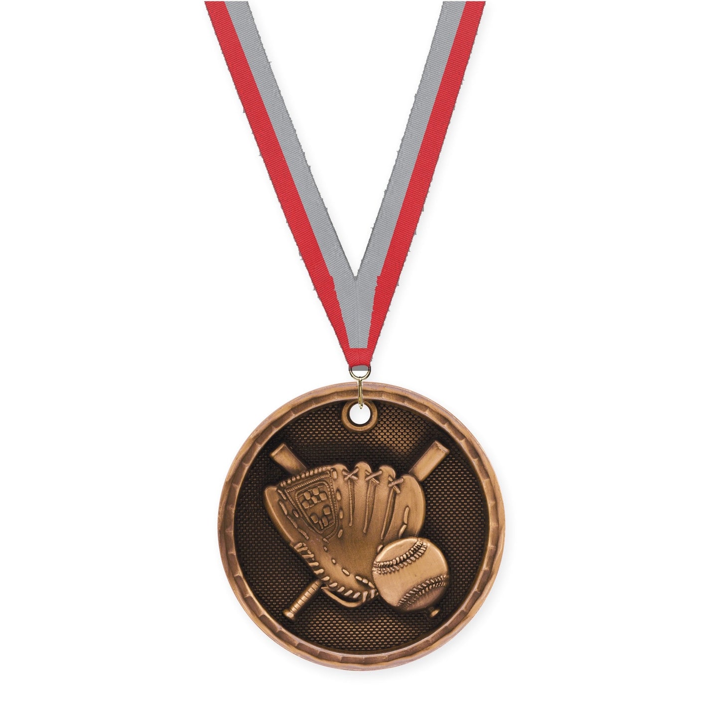 2 inch baseball 3-D medal in antique bronze with Red Gray neck ribbon