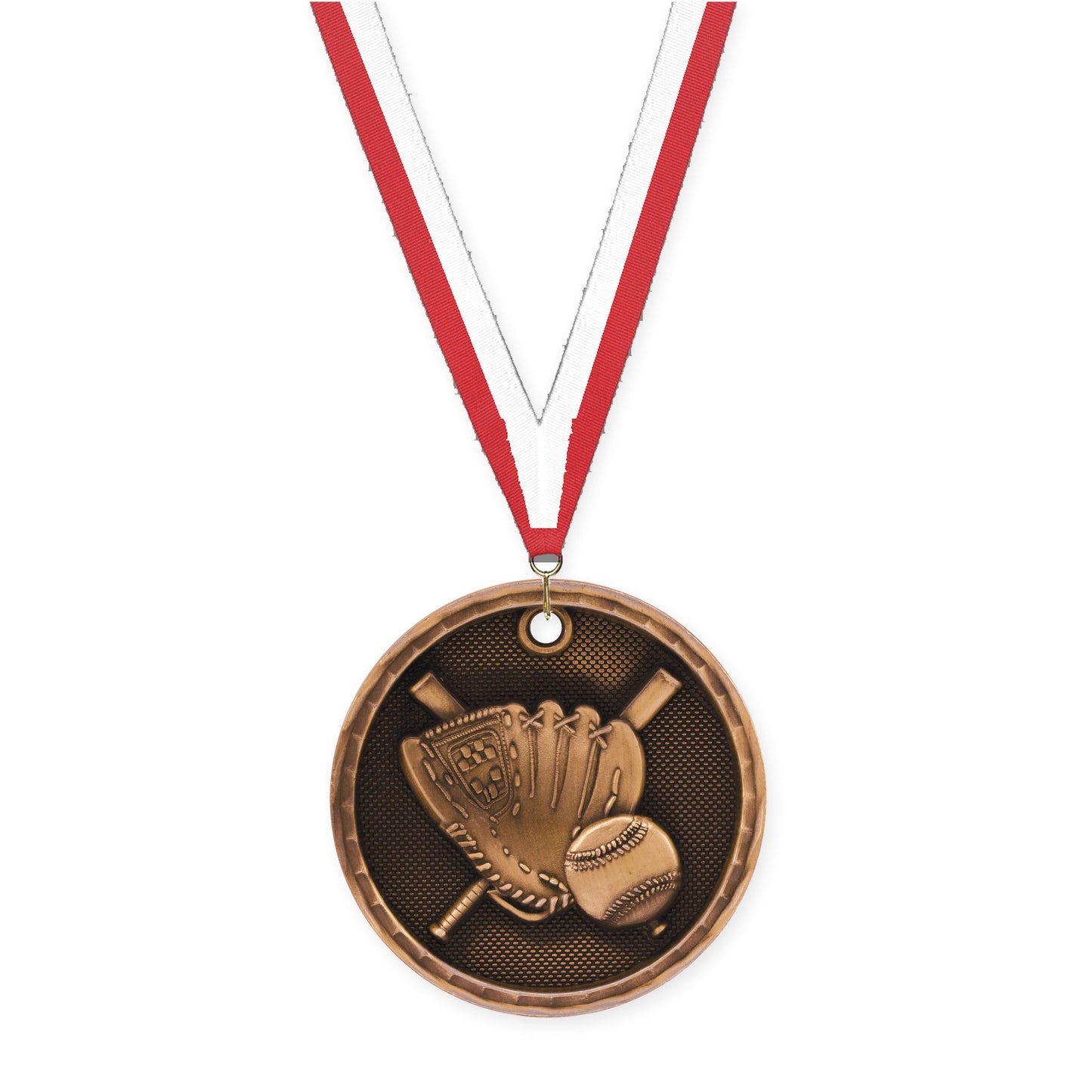 2 inch baseball 3-D medal in antique bronze with Red White neck ribbon