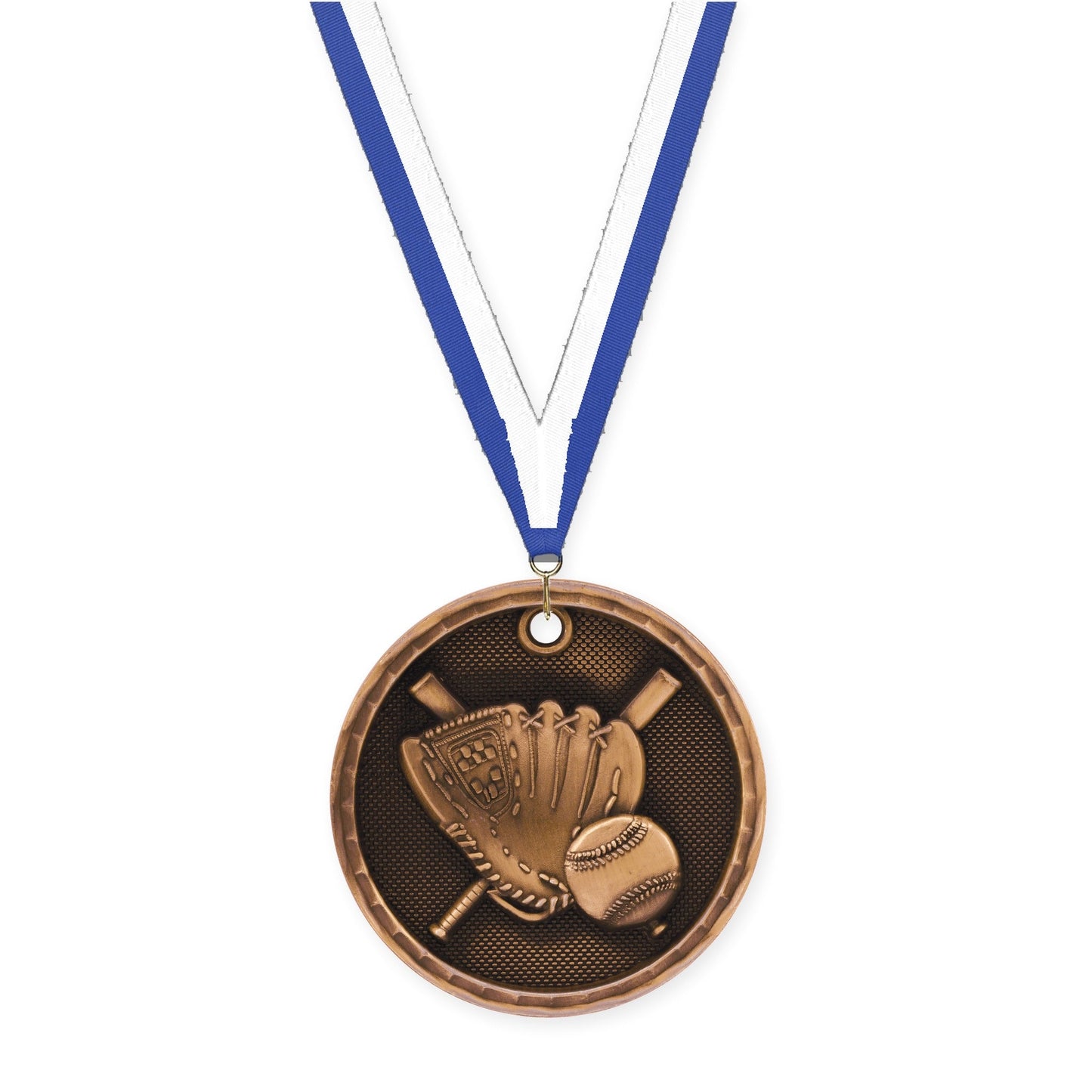 2 inch baseball 3-D medal in antique bronze with Blue White neck ribbon