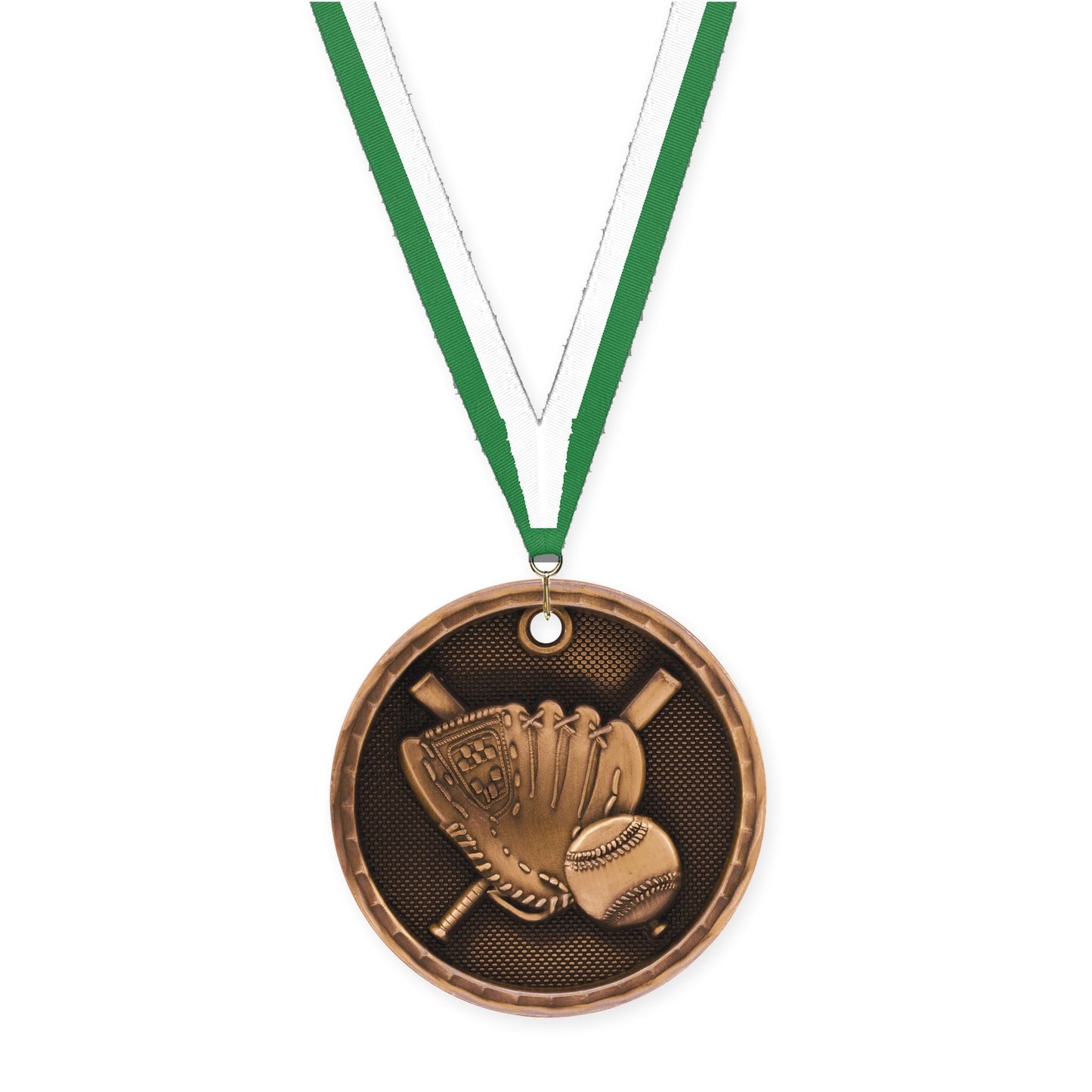 2 inch baseball 3-D medal in antique bronze with Green White neck ribbon