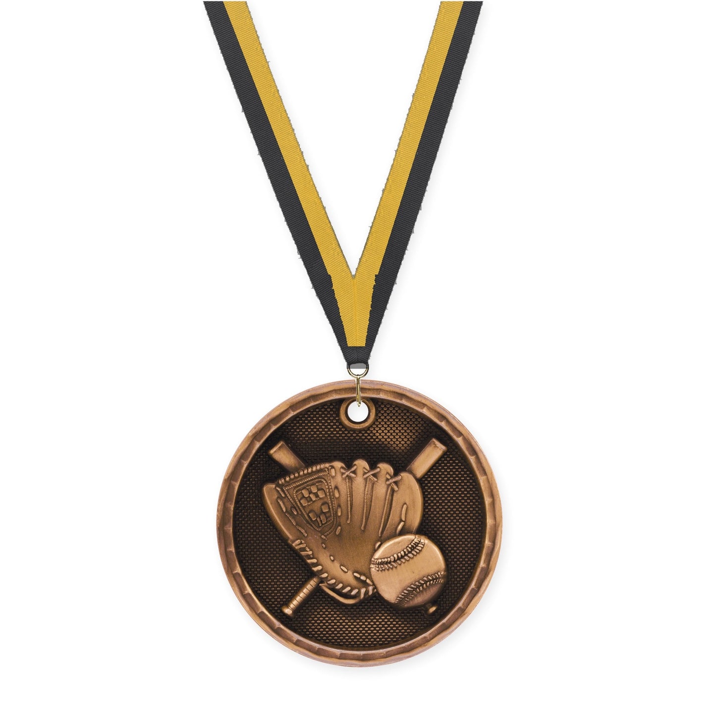 2 inch baseball 3-D medal in antique bronze with Black Gold neck ribbon