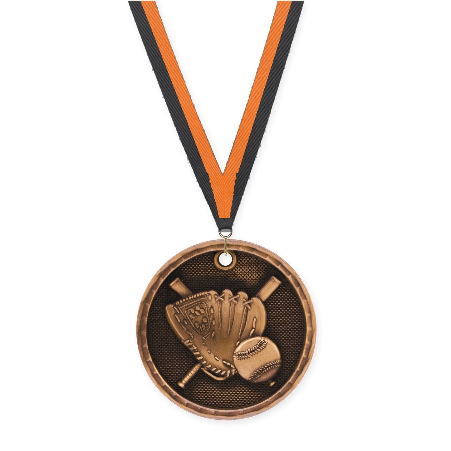2 inch baseball 3-D medal in antique bronze with Black Orange neck ribbon