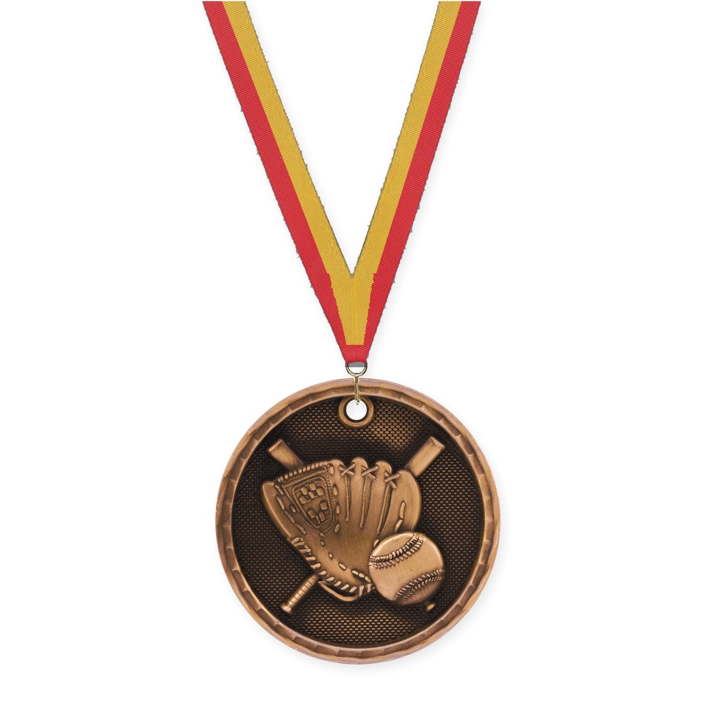 2 inch baseball 3-D medal in antique bronze with Red Gold neck ribbon