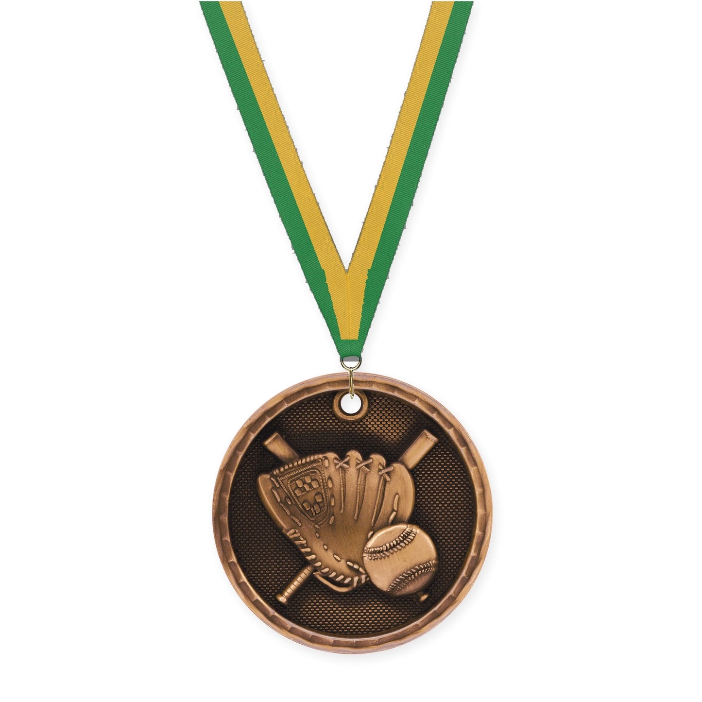 2 inch baseball 3-D medal in antique bronze with Green Gold neck ribbon