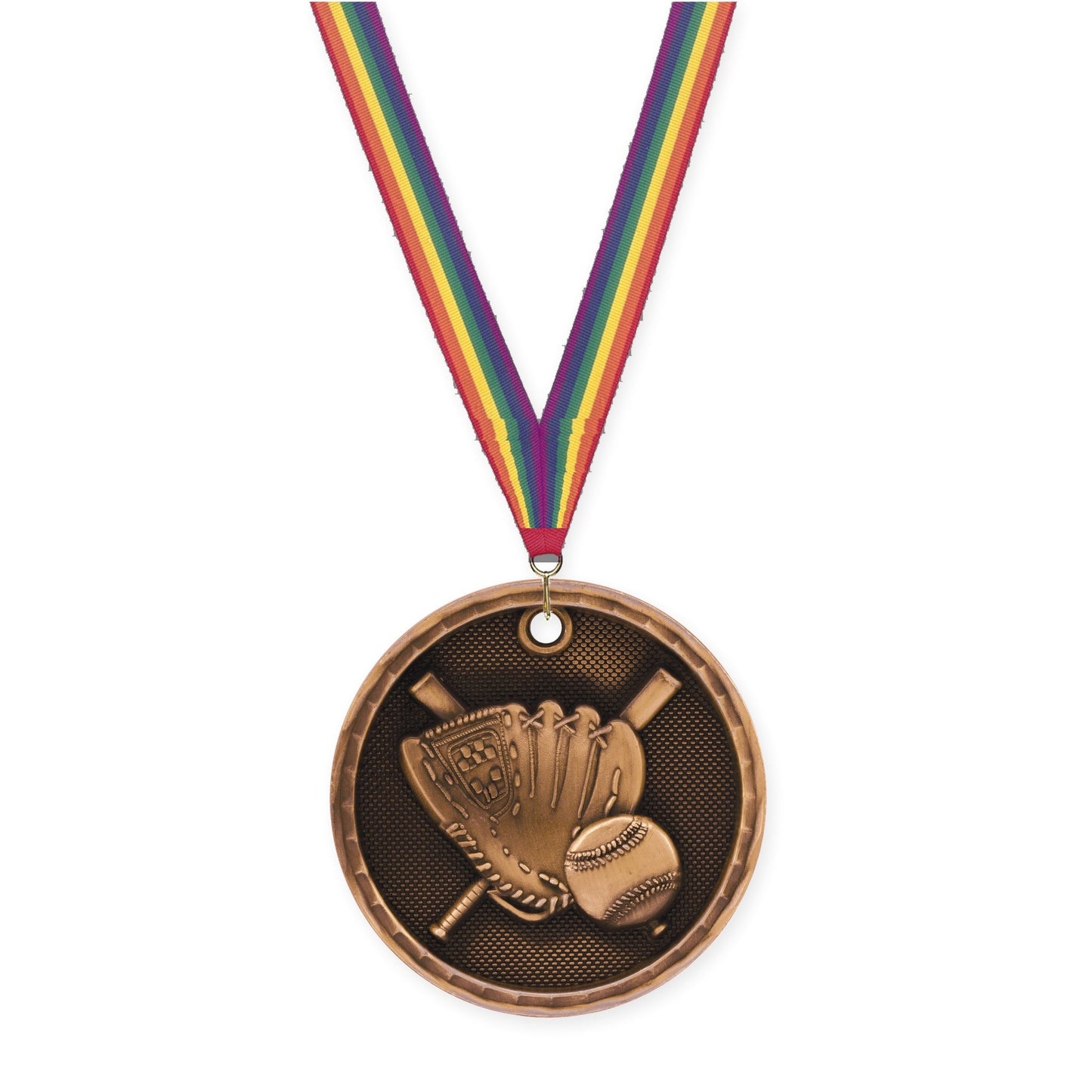 2 inch baseball 3-D medal in antique bronze with Rainbow neck ribbon