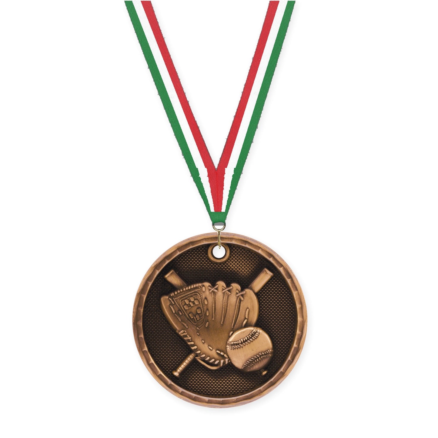 2 inch baseball 3-D medal in antique bronze with Green White Red neck ribbon