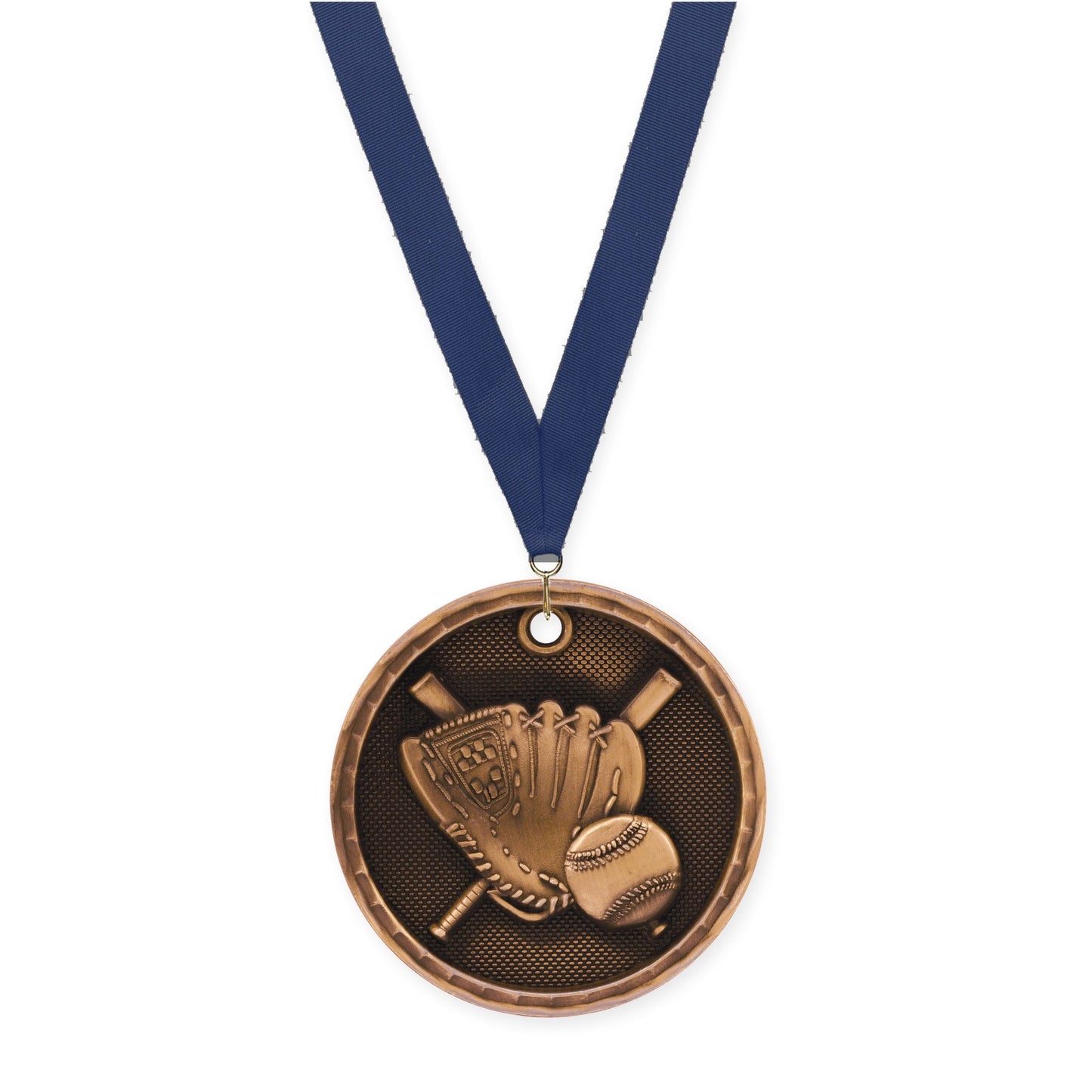 2 inch baseball 3-D medal in antique bronze with Navy neck ribbon
