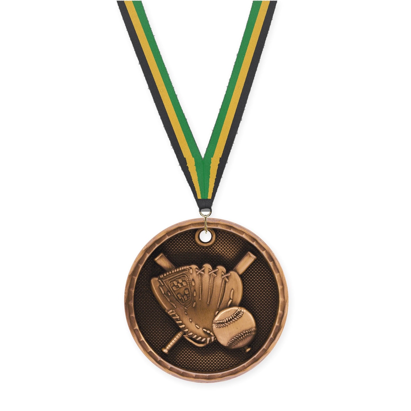 2 inch baseball 3-D medal in antique bronze with Black Gold Green neck ribbon