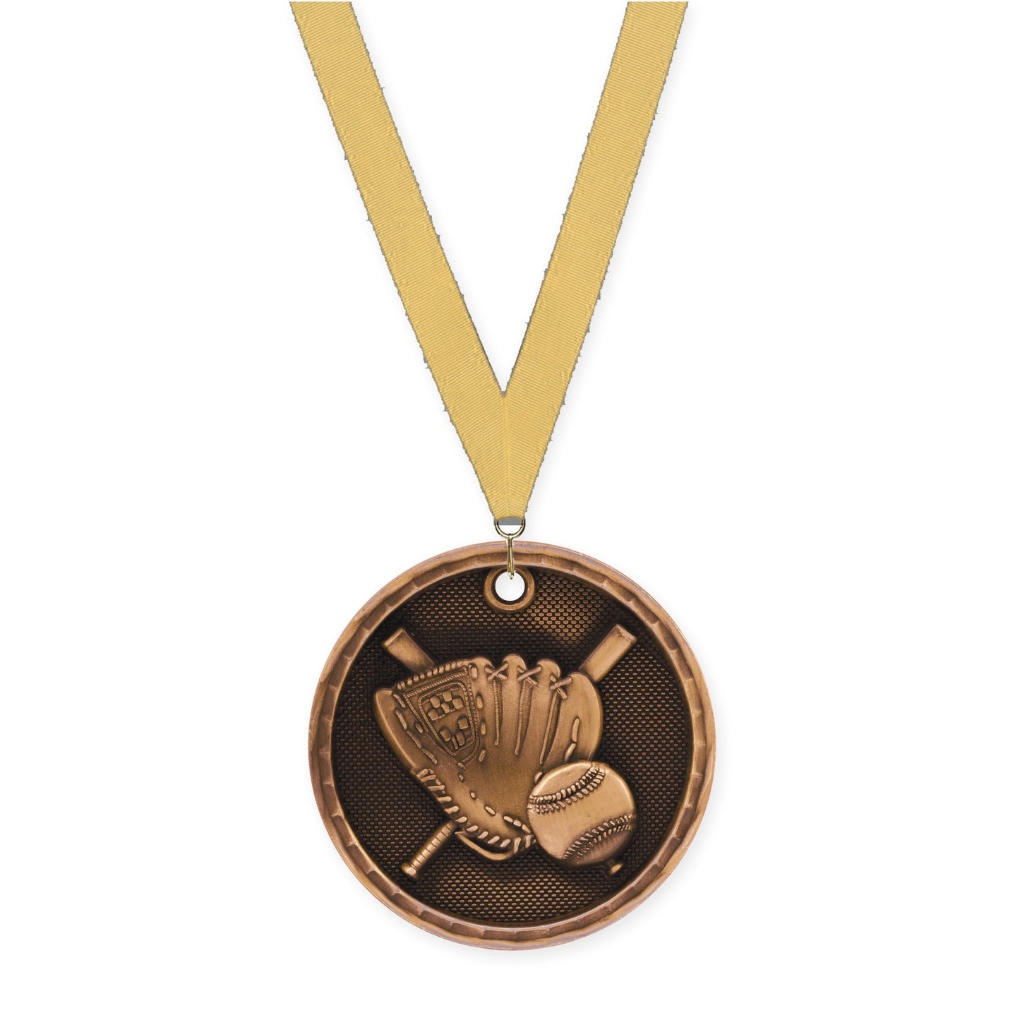 2 inch baseball 3-D medal in antique bronze with Gold Metallic neck ribbon