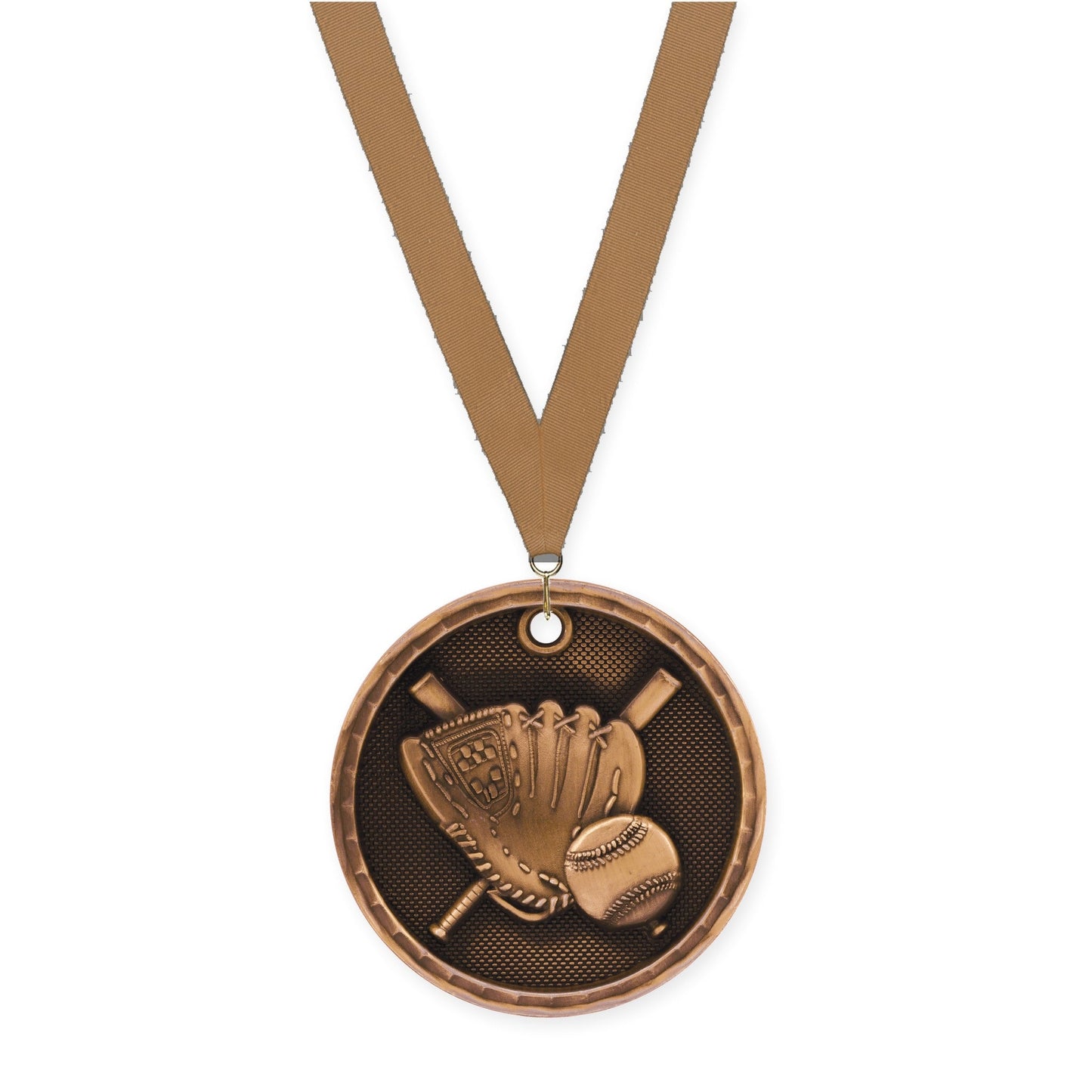 2 inch baseball 3-D medal in antique bronze with Bronze Metallic neck ribbon