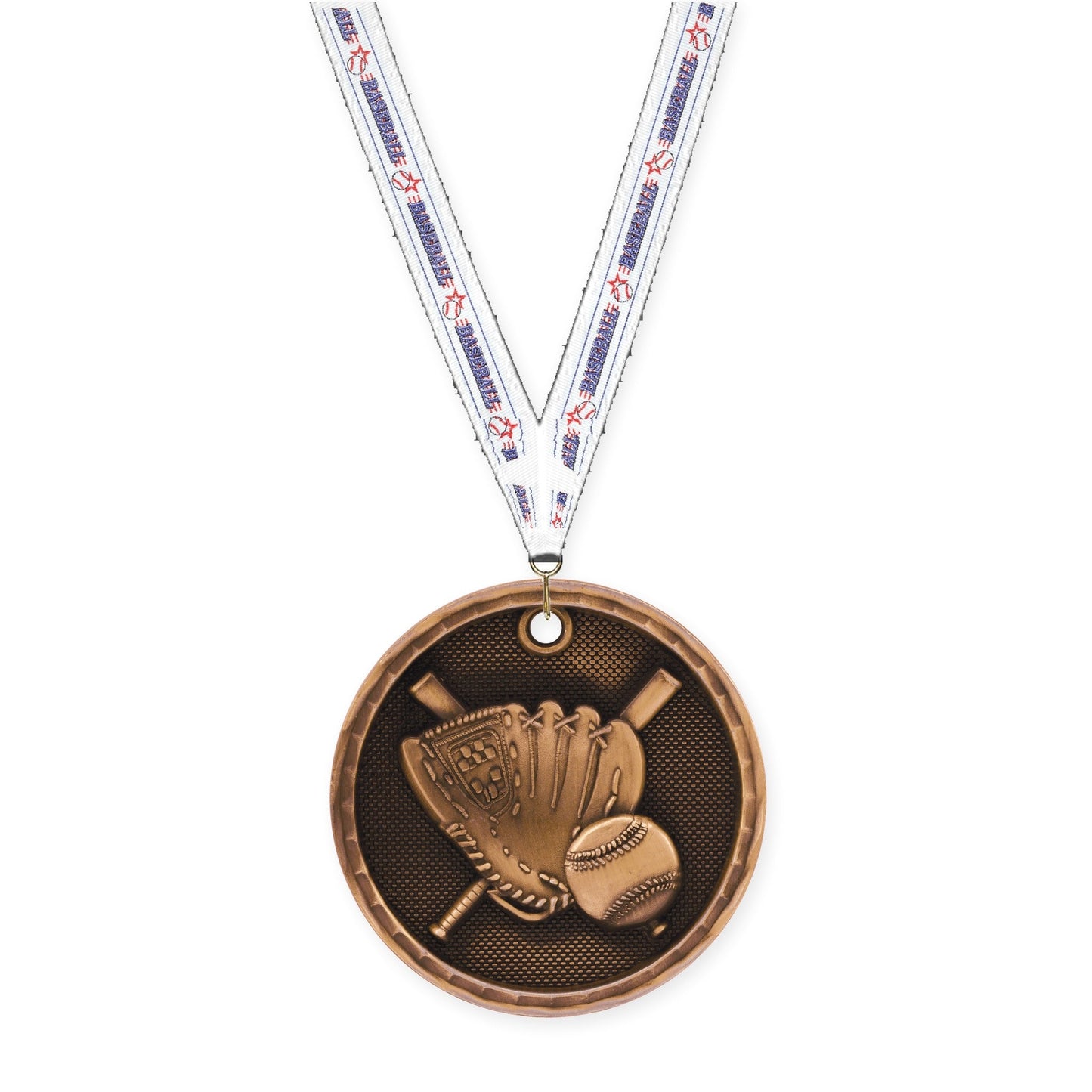 2 inch baseball 3-D medal in antique bronze with Baseball neck ribbon