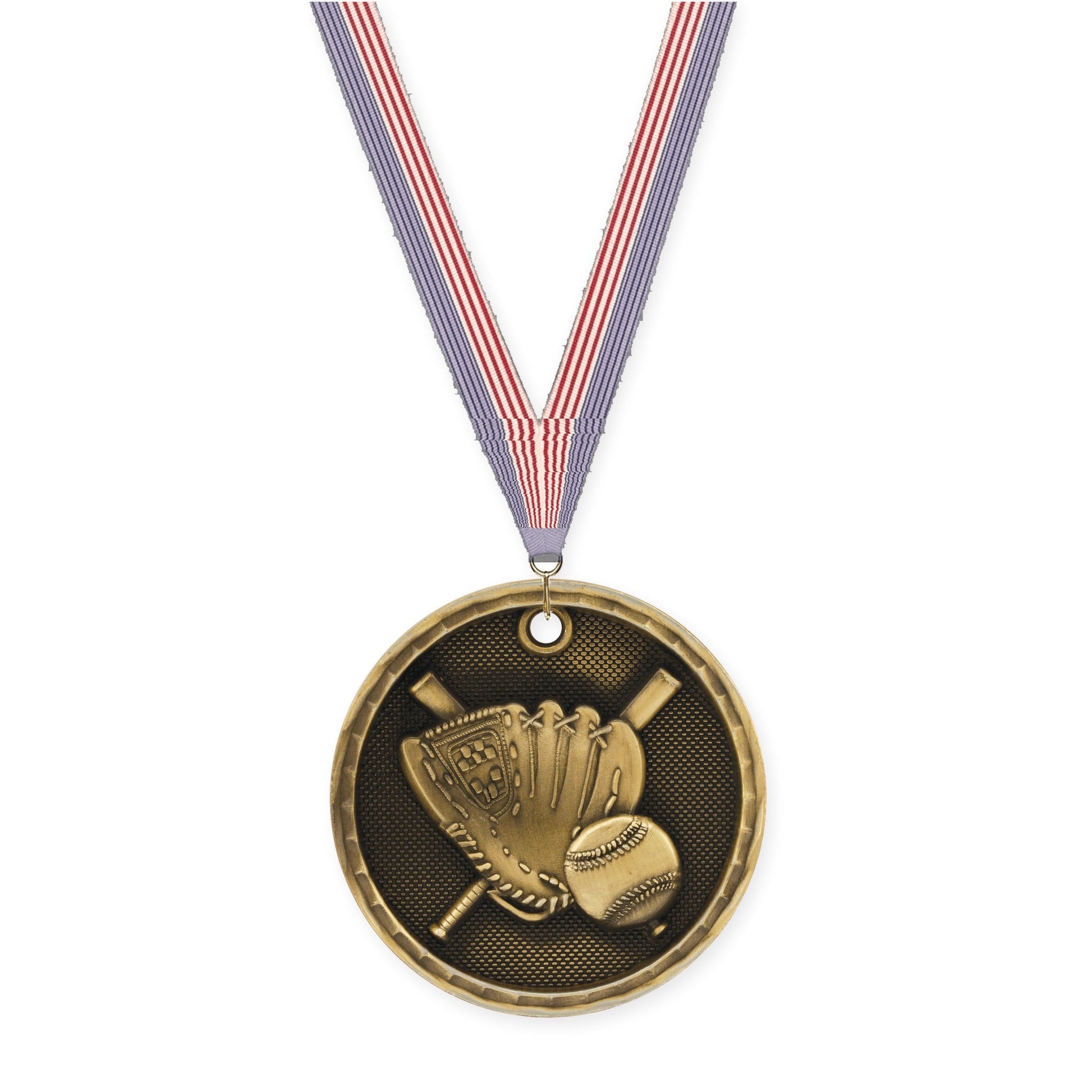 2 inch baseball 3-D medal in antique gold with USA Flag neck ribbon