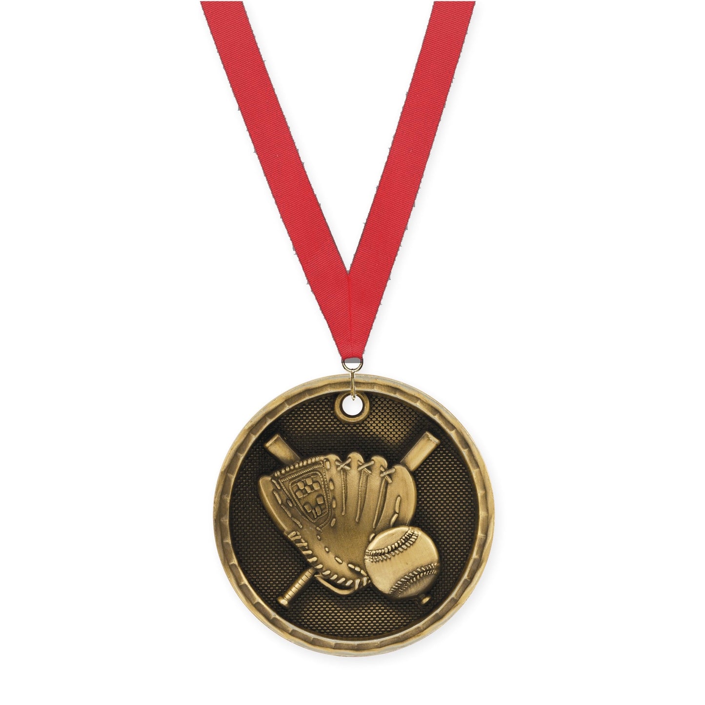 2 inch baseball 3-D medal in antique gold with Red neck ribbon