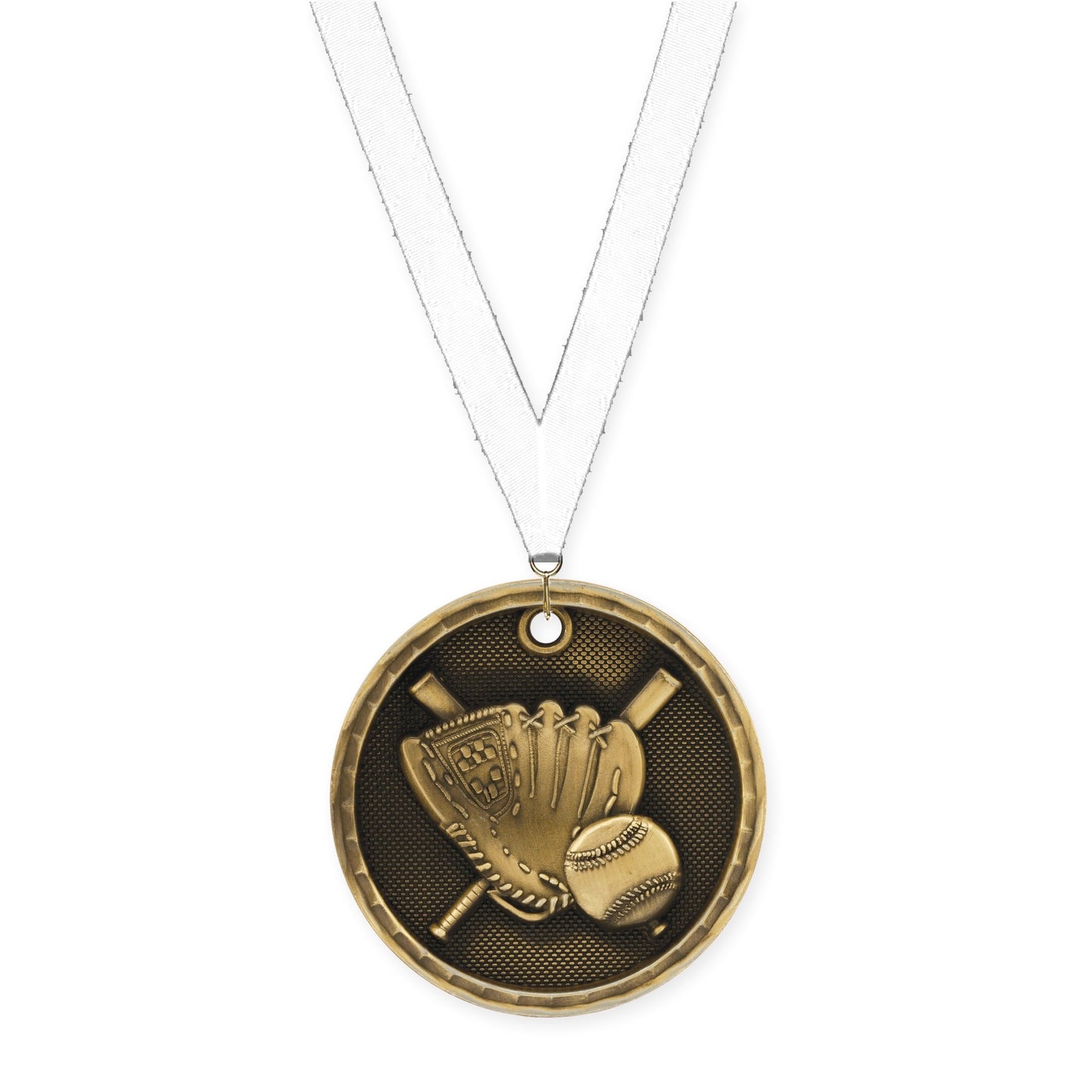 2 inch baseball 3-D medal in antique gold with White neck ribbon