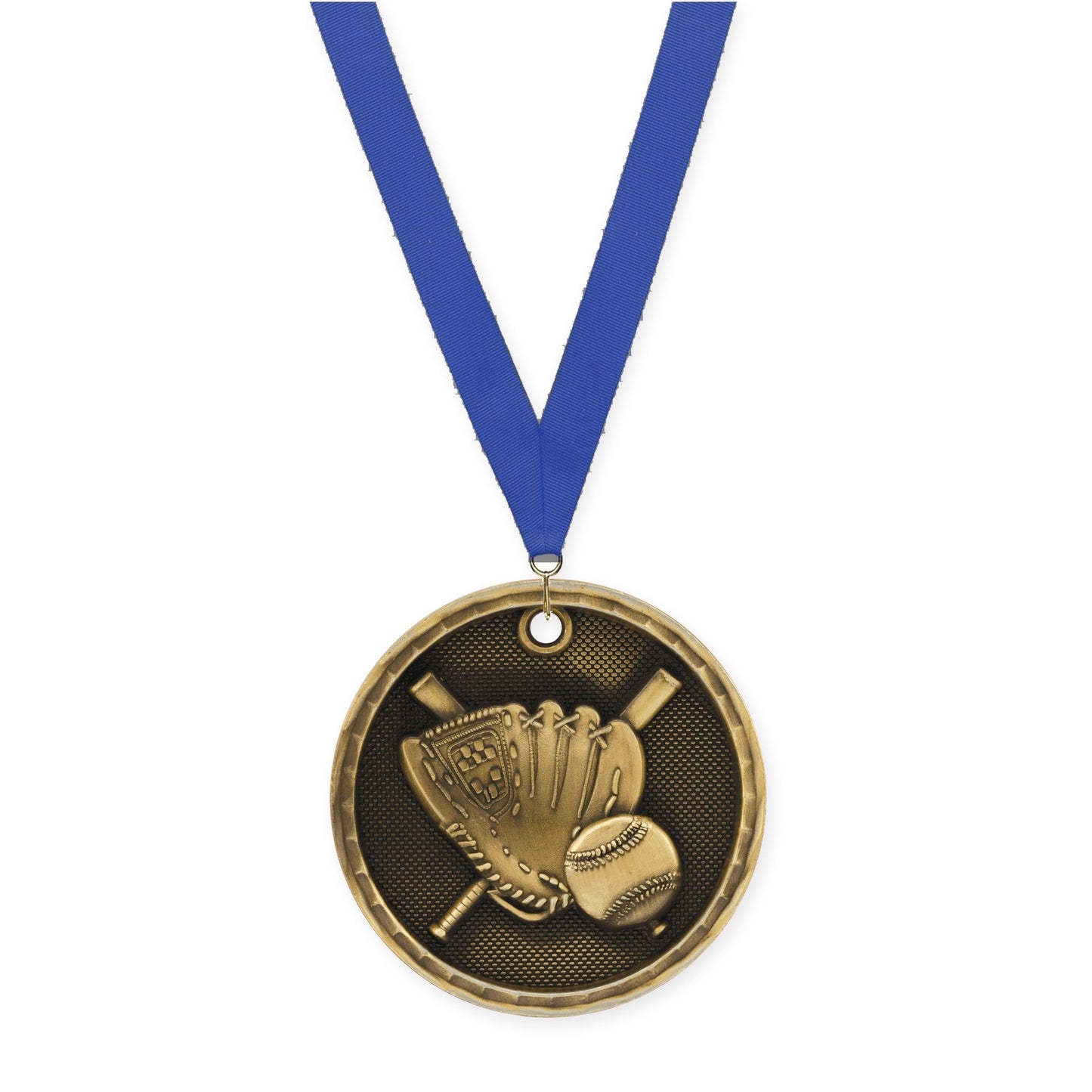 2 inch baseball 3-D medal in antique gold with Blue neck ribbon