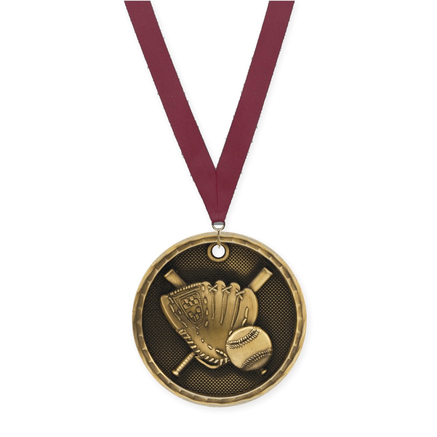 2 inch baseball 3-D medal in antique gold with Maroon neck ribbon